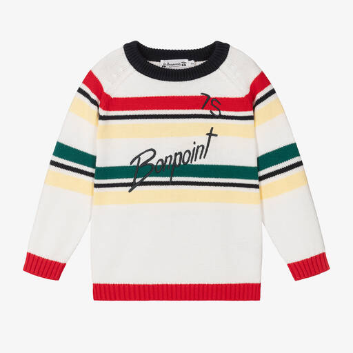 Bonpoint-Boys Ivory Striped Cotton Knit Sweater | Childrensalon