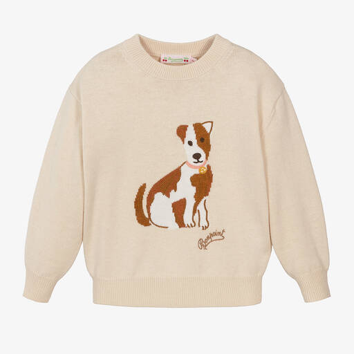 Bonpoint-Girls Beige Wool Knit Dog Sweater | Childrensalon