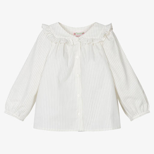 Bonpoint-Кремовая блузка из хлопка и шерсти в полоску | Childrensalon