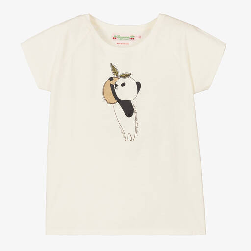 Bonpoint-Girls Ivory Panda Print Cotton T-Shirt | Childrensalon