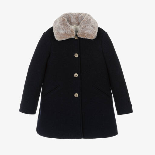 Bonpoint-Girls Navy Blue Wool & Faux Fur Coat | Childrensalon
