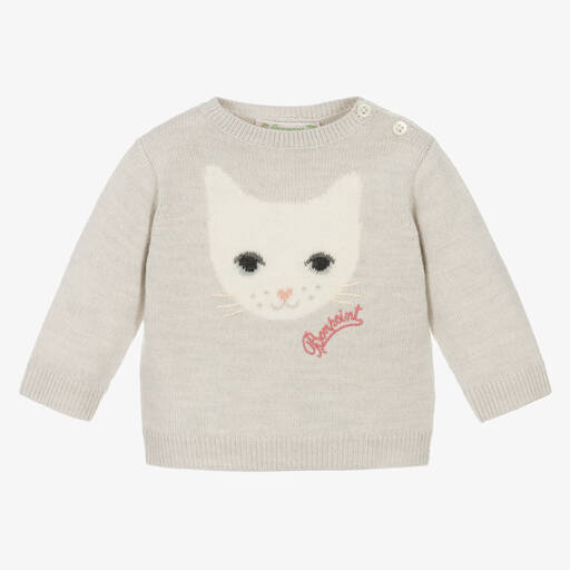 Bonpoint-Girls Pale Grey Merino Wool Cat Sweater | Childrensalon