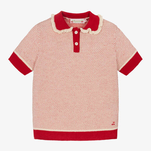 Bonpoint-Girls Red Wool & Cotton Knit Polo Shirt | Childrensalon