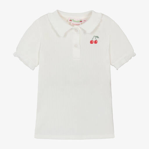 Bonpoint-Girls White Cotton Cherry Polo Shirt | Childrensalon