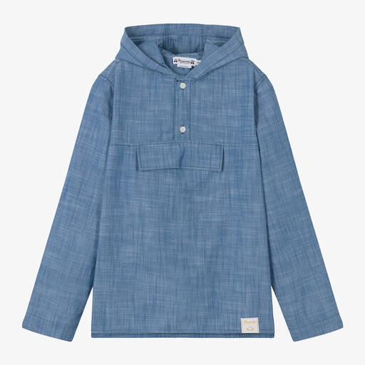 Bonpoint-Teen Boys Blue Chambray Hooded Shirt | Childrensalon