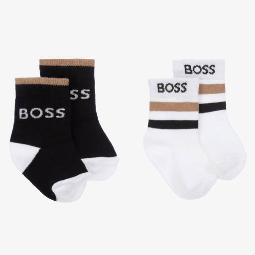 BOSS-Baby Boys Black & White Cotton Socks (2 Pack) | Childrensalon