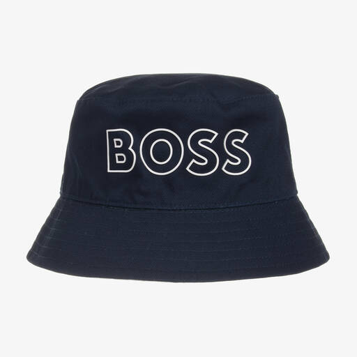 BOSS-قبعة بوجهين قطن تويل لون كحلي ورمادي للمواليد | Childrensalon