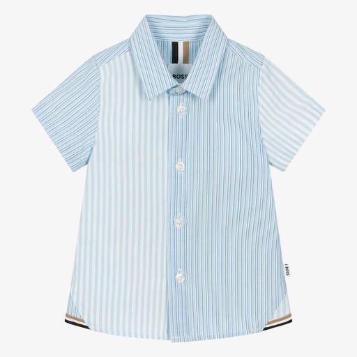 BOSS-قميص أطفال ولادي قطن مقلم لون أزرق فاتح | Childrensalon