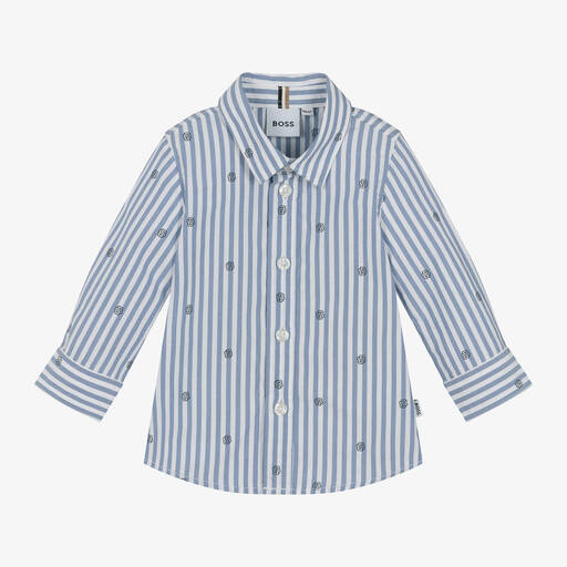 BOSS-Baby Boys Blue Striped Cotton Shirt | Childrensalon