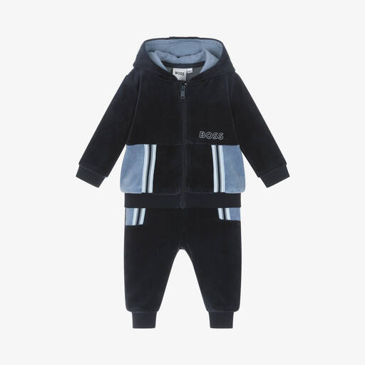 BOSS-Baby Boys Blue Velour Tracksuit | Childrensalon