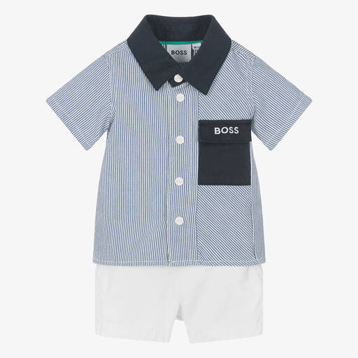 BOSS-Baby Boys Blue & White Cotton Shorts Set | Childrensalon