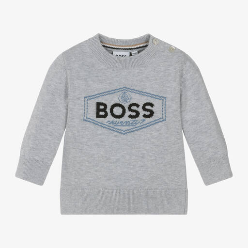 BOSS-Baby Boys Grey Cotton Knit Sweater | Childrensalon