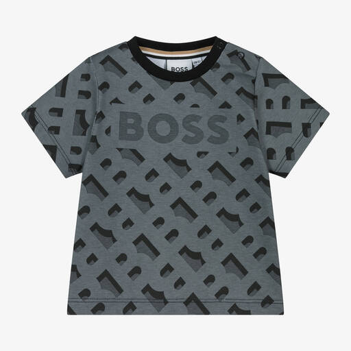 BOSS-Baby Boys Grey Cotton Monogram T-Shirt | Childrensalon