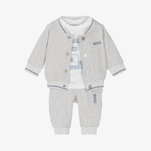 BOSS-Baby Boys Grey Cotton Tracksuit Set | Childrensalon