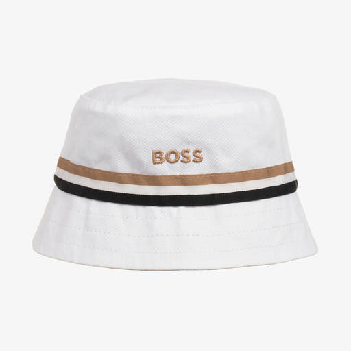 BOSS-قبعة بوجهين قطن تويل لون بيج وأبيض للمواليد | Childrensalon