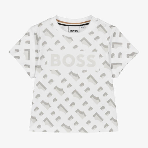 BOSS-Baby Boys White Cotton Monogram T-Shirt | Childrensalon