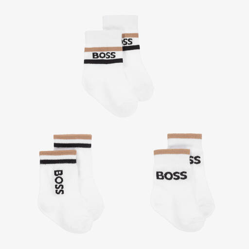 BOSS-Baby Boys White Cotton Socks (3 Pack) | Childrensalon