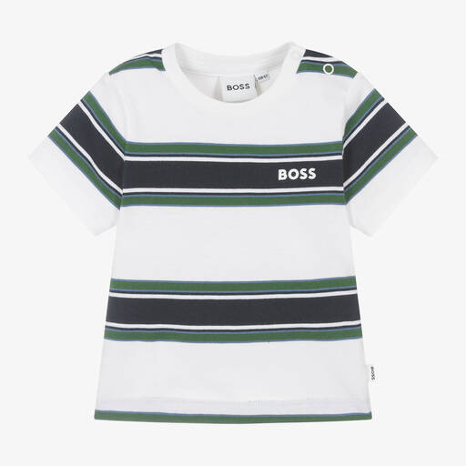 BOSS-Baby Boys White Cotton Striped T-Shirt | Childrensalon