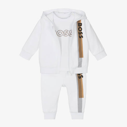 BOSS-طقم بدلة رياضية قطن جيرسي لون أبيض للمواليد | Childrensalon