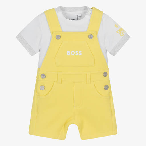 BOSS-طقم دانغريز قطن جيرسي لون أصفر وأبيض للمواليد | Childrensalon