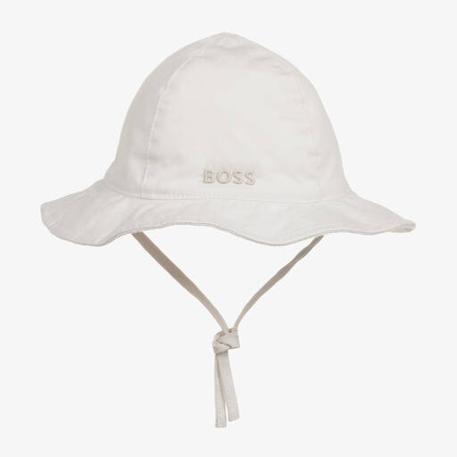 BOSS-قبعة بوجهين قطن بيكيه لون أبيض للمولودات | Childrensalon