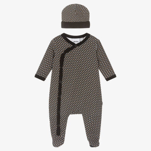 BOSS-Black & Beige Cotton Babysuit Set | Childrensalon