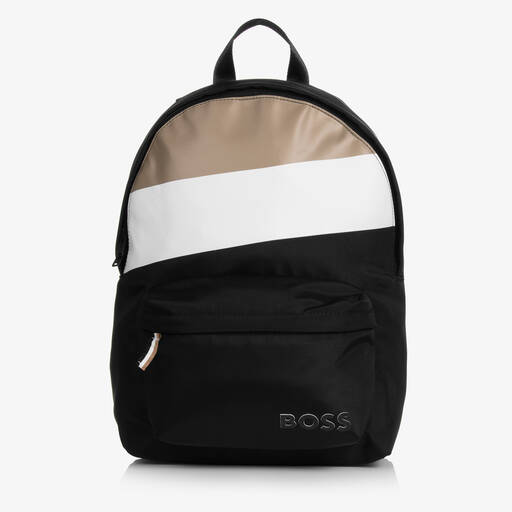 BOSS-حقيبة ظهر كانفاس مقلم لون أسود وبيج للأطفال (36 سم) | Childrensalon