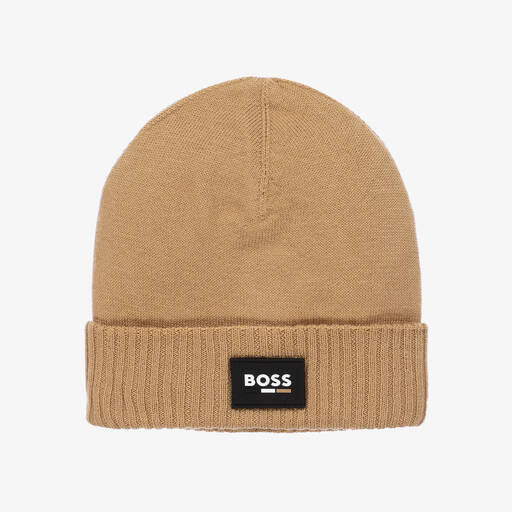 BOSS-Boys Beige Knitted Beanie Hat | Childrensalon