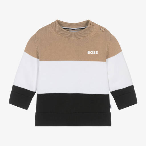 BOSS-Boys Beige Striped Cotton Knit Sweater | Childrensalon