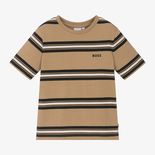 BOSS-Boys Beige Striped Cotton T-Shirt | Childrensalon