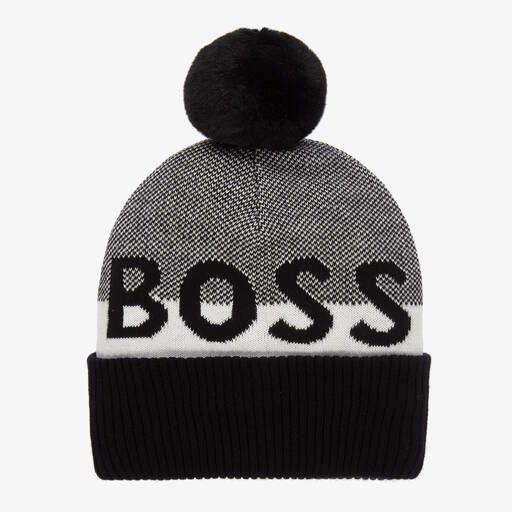 BOSS-Boys Black Cotton Knit Bobble Hat | Childrensalon