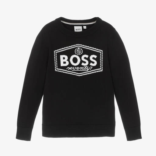 BOSS-Boys Black Cotton Knit Sweater | Childrensalon