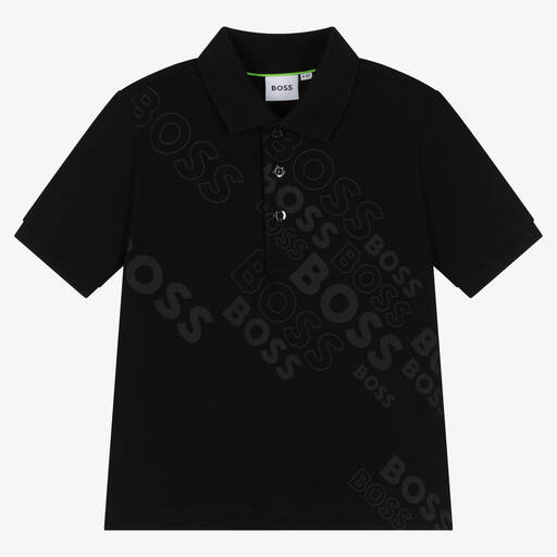 BOSS-Boys Black Cotton Logo Polo Shirt | Childrensalon