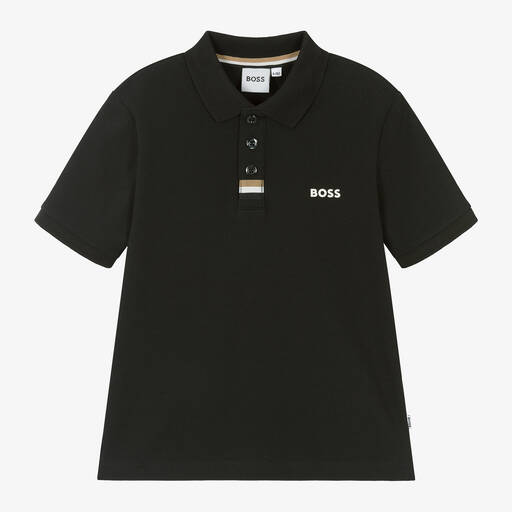 BOSS-Boys Black Cotton Polo Shirt | Childrensalon