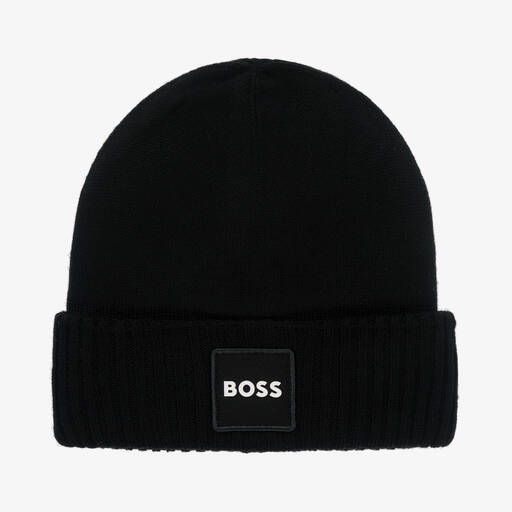 BOSS-Boys Black Knitted Beanie Hat | Childrensalon