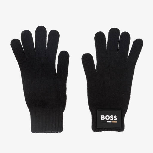 BOSS-Boys Black Knitted Gloves | Childrensalon