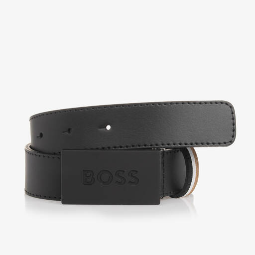 BOSS-حزام جلد لون أسود للأولاد | Childrensalon