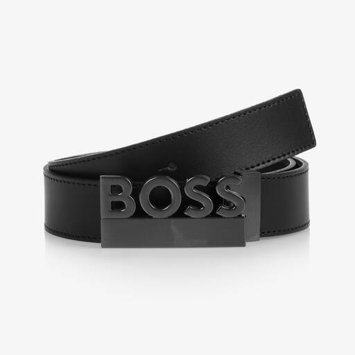 BOSS-Boys Black Leather Logo Belt  | Childrensalon