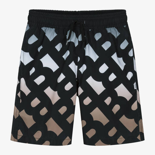 BOSS-Boys Black Monogram Swim Shorts | Childrensalon