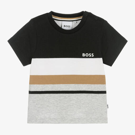 BOSS-Boys Black Stripe Logo Cotton T-Shirt | Childrensalon
