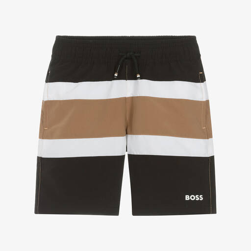 BOSS- Boys Black Striped Swim Shorts | Childrensalon