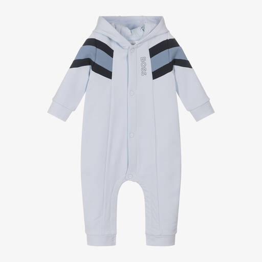 BOSS-Boys Blue Cotton Hooded Romper | Childrensalon