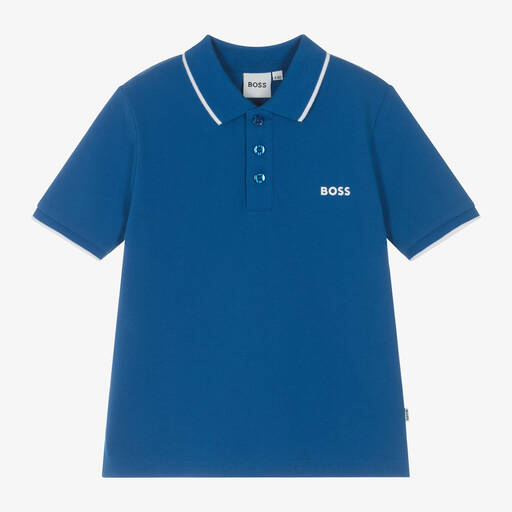 BOSS- Boys Blue Cotton Polo Shirt | Childrensalon