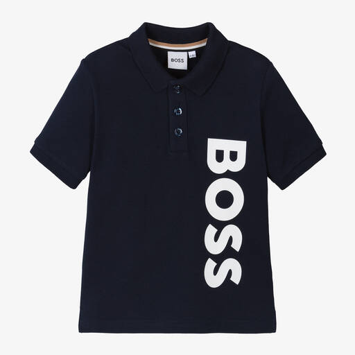 BOSS- Boys Blue Cotton Polo Shirt | Childrensalon