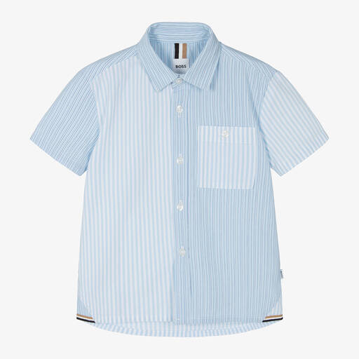 BOSS-Boys Blue Cotton Striped Shirt | Childrensalon