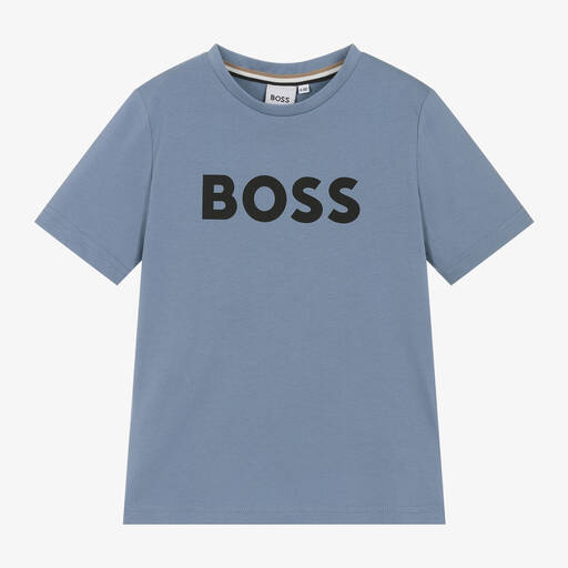 BOSS-Boys Blue Cotton T-Shirt | Childrensalon