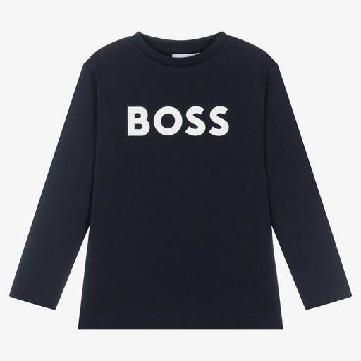 BOSS-Boys Blue Logo Cotton T-Shirt | Childrensalon