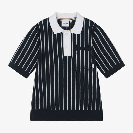 BOSS-Boys Blue Striped Cotton Knit Polo Shirt | Childrensalon