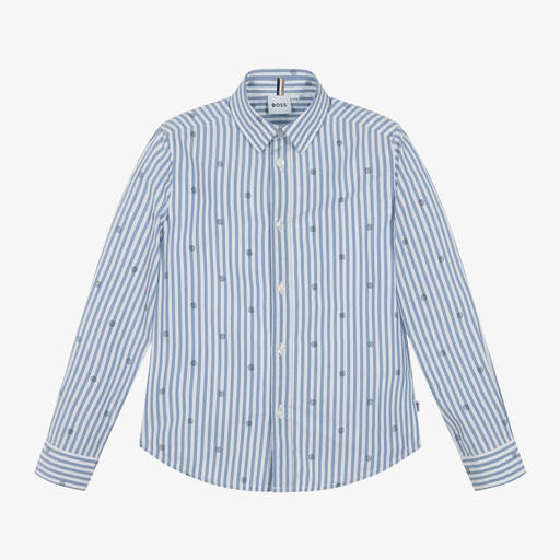 BOSS-Boys Blue Striped Cotton Shirt | Childrensalon