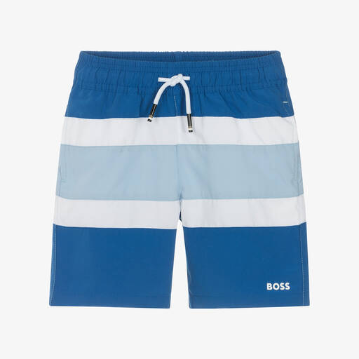 BOSS- Boys Blue Striped Swim Shorts | Childrensalon
